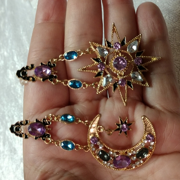 Celestial Earrings Sun Moon Star Dangle 2 6/8" Light - Medium Weight Bling - Picture 5 of 10